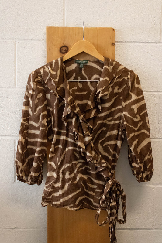 Vtg Brown Printed Ruffle Top : L