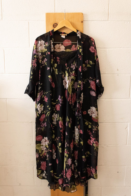 Vtg Black Floral Slip and Robe : S/M