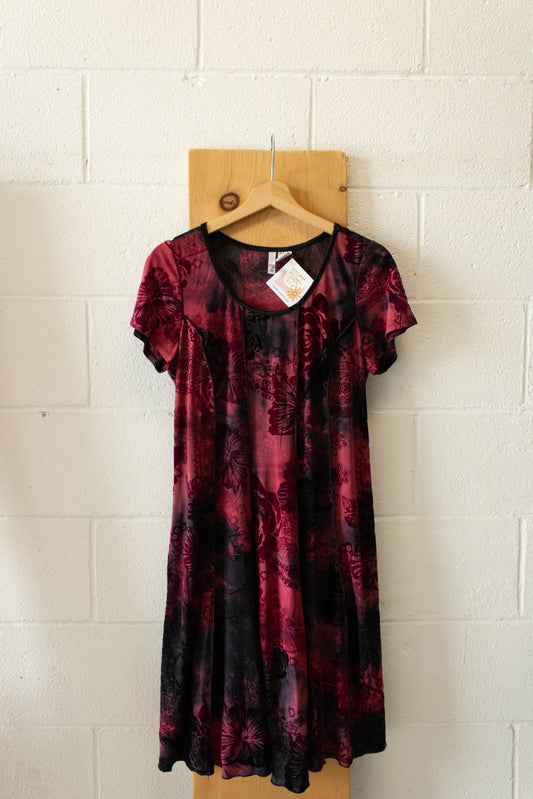 Vtg Burgundy Floral Dress : 1X