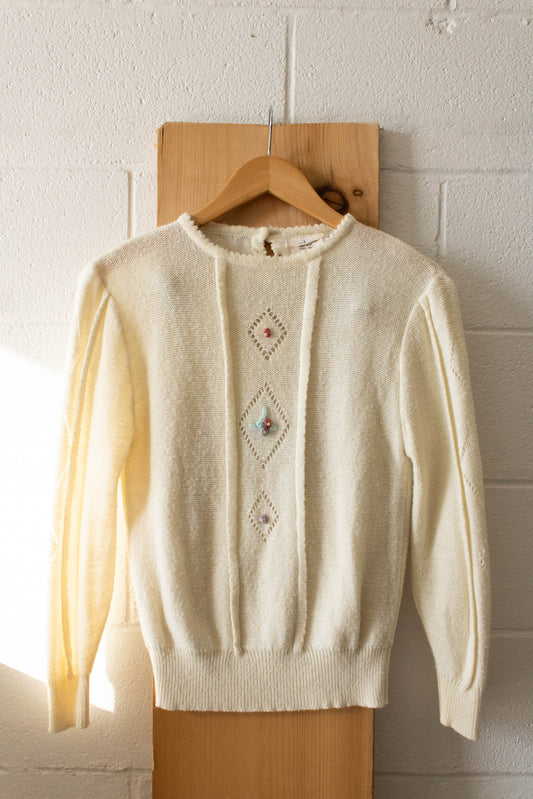 Vtg Cream Embroidered Sweater : S