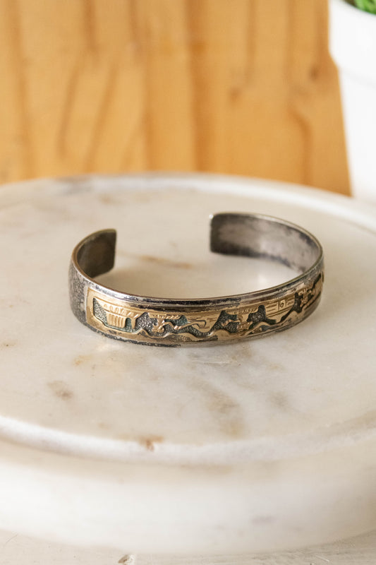 Vtg Sterling Silver Pictograph Navajo Cuff Bracelet