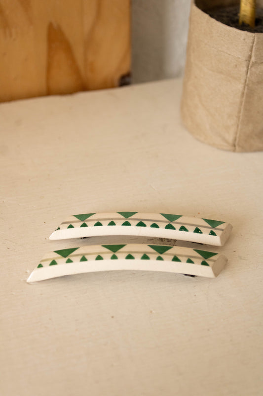 Vtg Pair Green and White Hair Barrettes