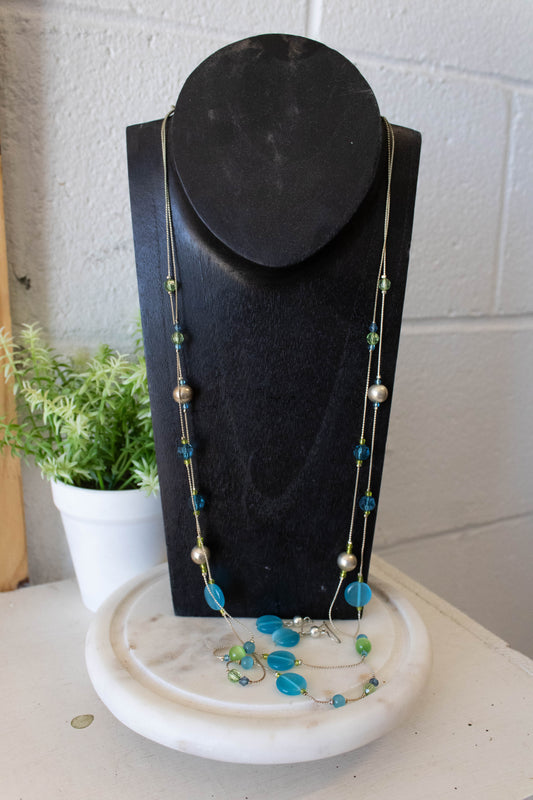 Blue and Green Multi Strand Necklace and Earrings