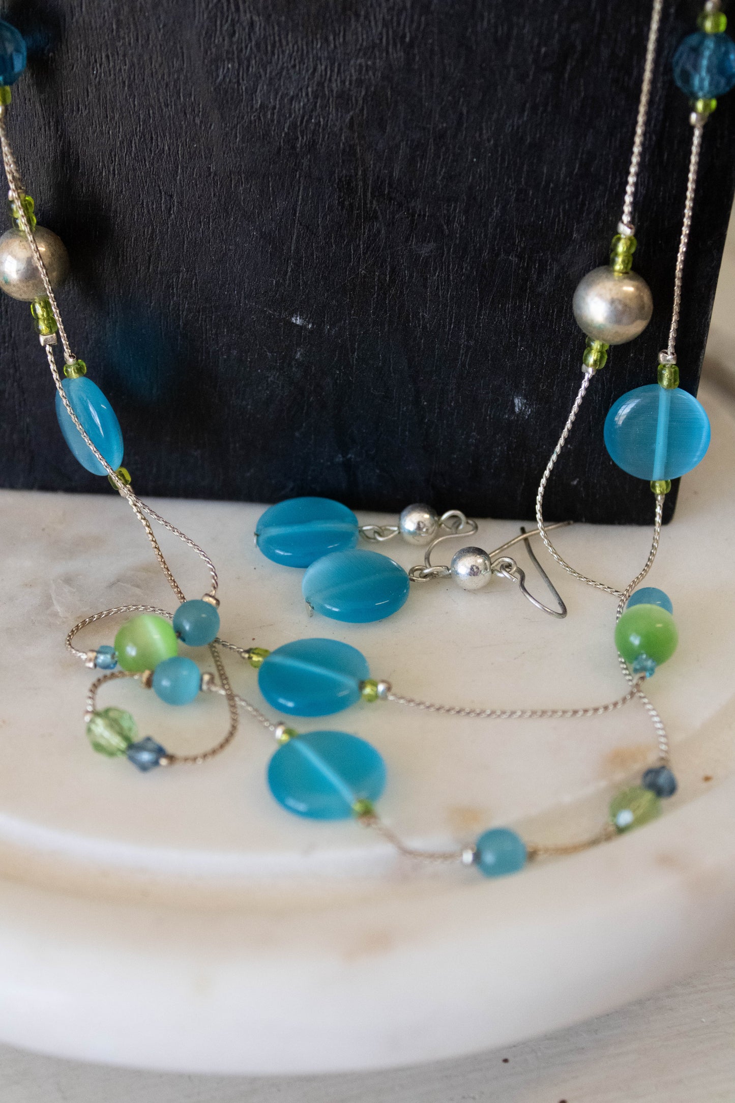 Blue and Green Multi Strand Necklace and Earrings