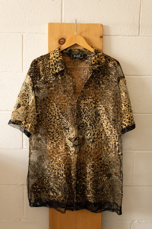 Vtg Semi Sheer Animal Print Button Up : XL