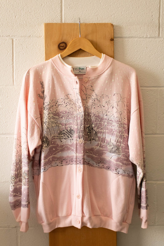 Vtg Artisans Winter Scene Button Crew : XL