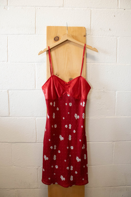 Vtg Red Daisy Slip Dress : M