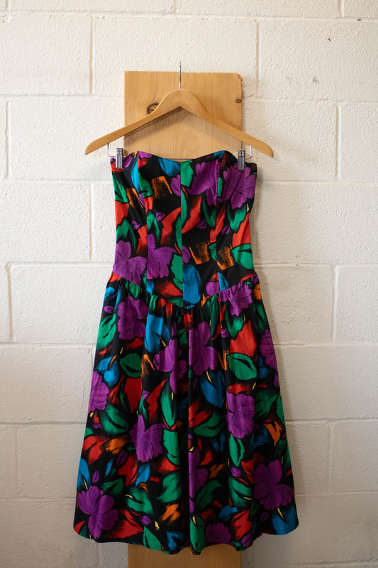 Vtg Strapless Floral Midi Dress : S