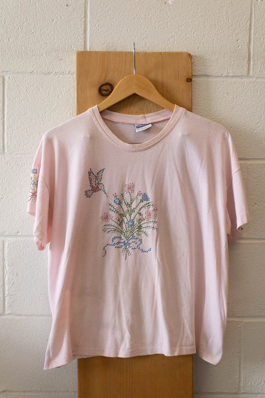 Vtg Pink Floral Tee : L