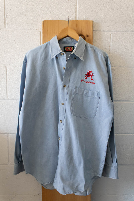 Vtg Razorbacks Denim Button Up : L