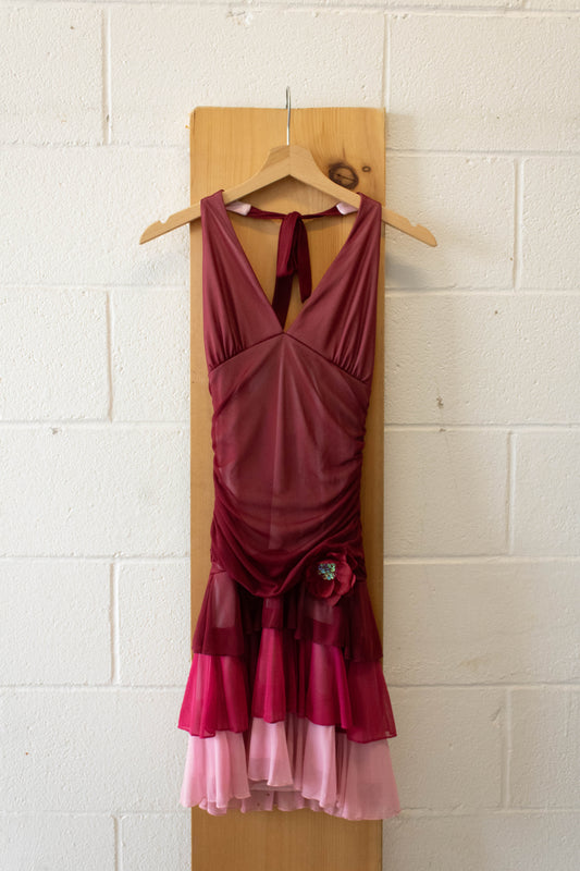 Y2K Burgundy Ruffle Halter Dress : M