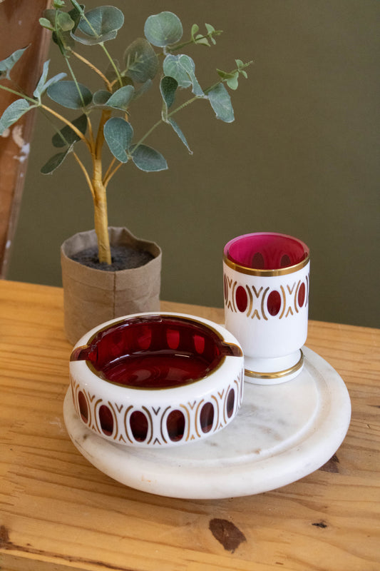 Vtg Red and White Ashtray and Glass (Local Pick Up Only)