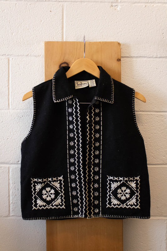 Vtg Black Embroidered Vest : S