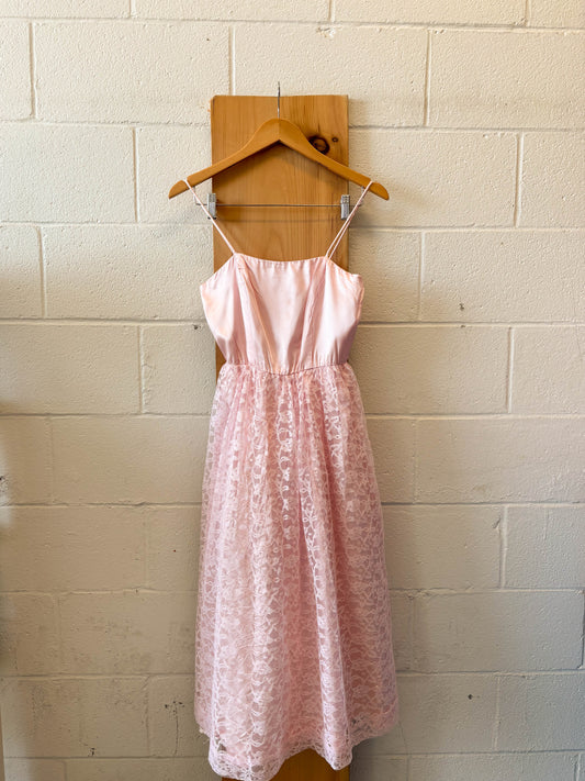 Vtg Pink Satin and Lace Dress : XS