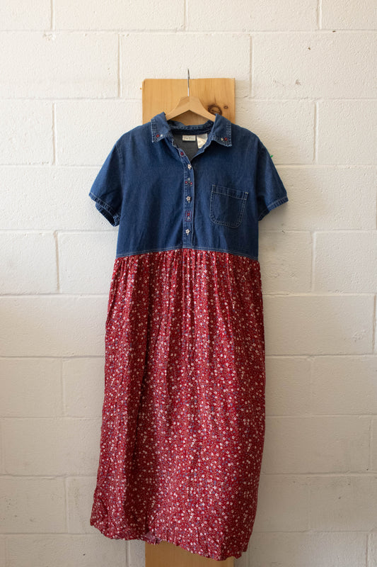 Denim and Red Floral Dress : XL