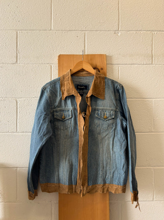 Western Leather Trim Denim Jacket : L