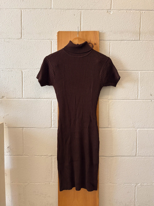 Vtg Brown Ribbed Turtleneck Dress : M