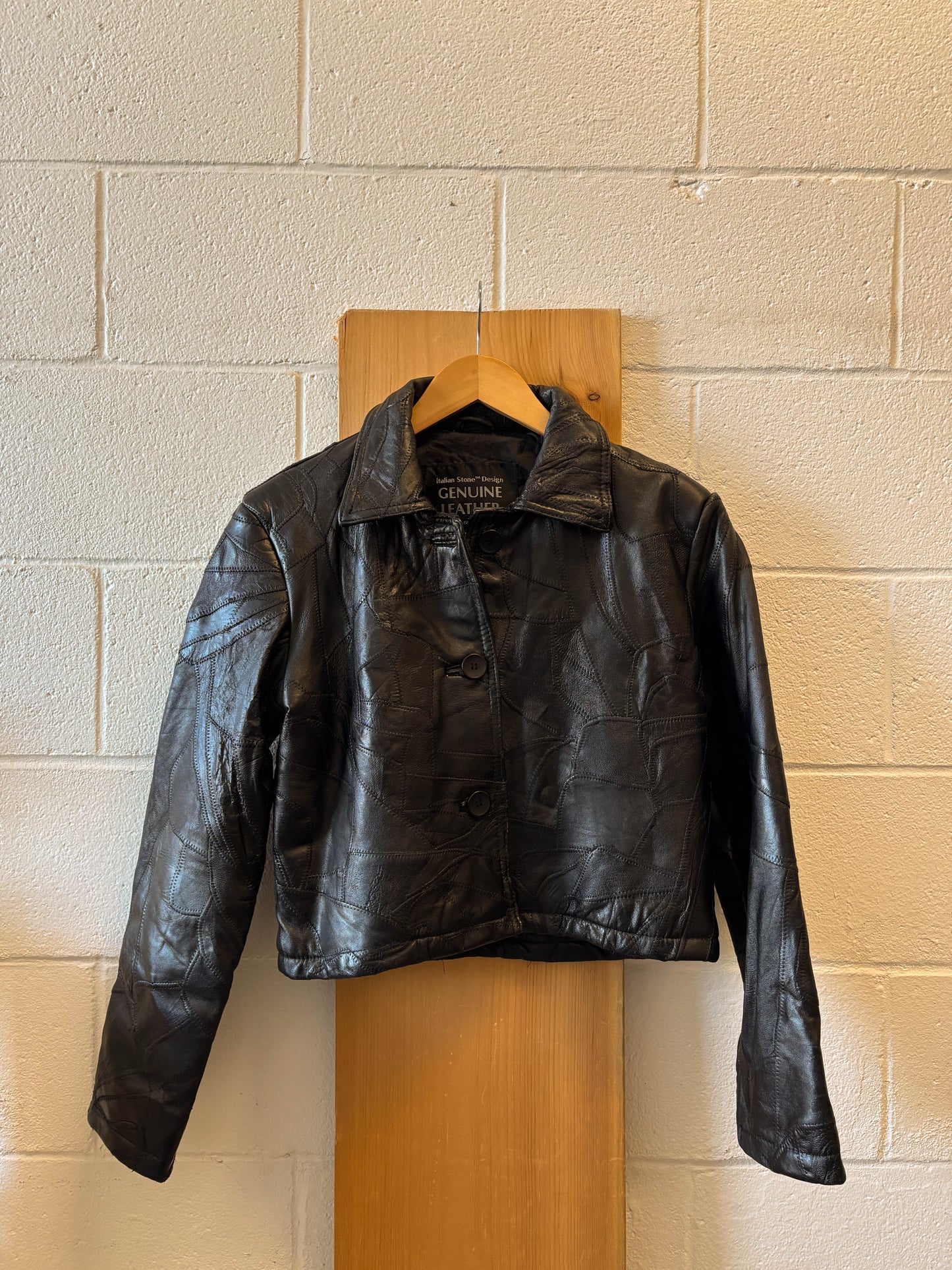 Vtg Black Leather Patchwork Cropped Jacket : M