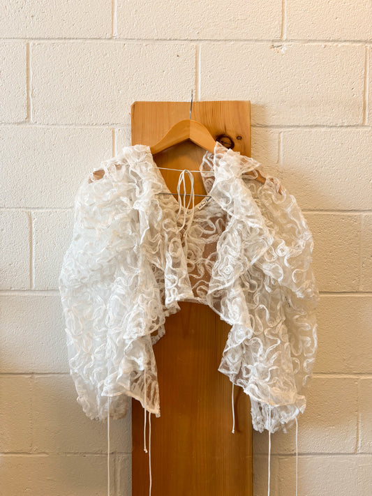 White Sheer Ruffle Blouse : S