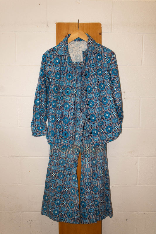 Vtg Blue Floral Shirt and Pants Set : XS