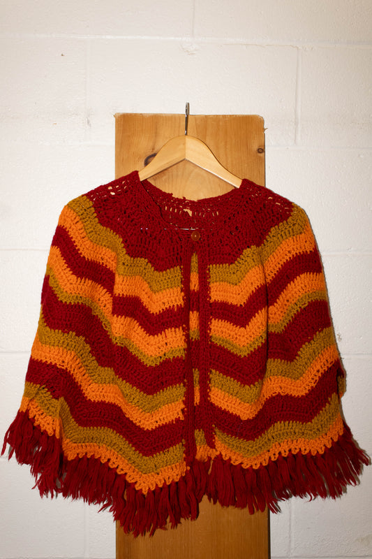Vtg Red Crochet Poncho
