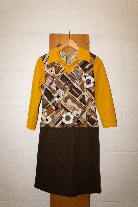 Vtg Yellow and Brown Dress : M