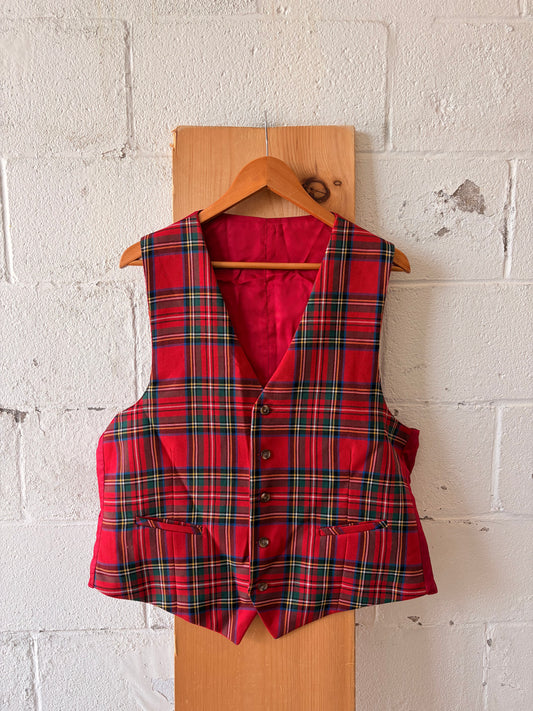 Vtg Reversible Plaid Red Vest : 46 Long