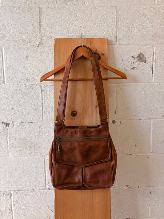 Vtg Fossil Brown Leather Shoulder Bag