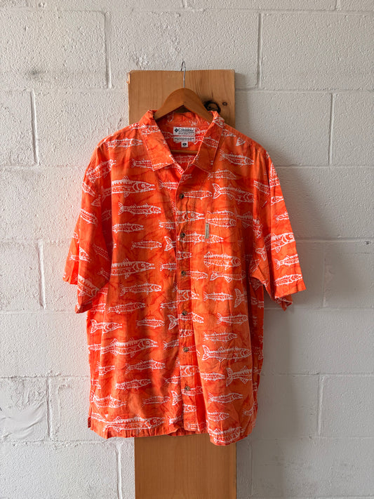 Vtg Columbia Fish Patterned Button Down : XL