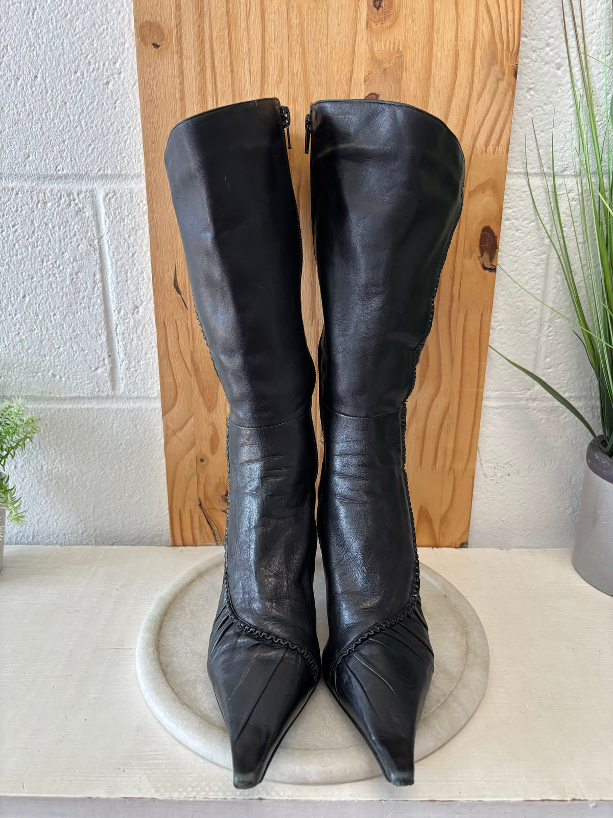 Vtg Black Leather Boots : Size 38