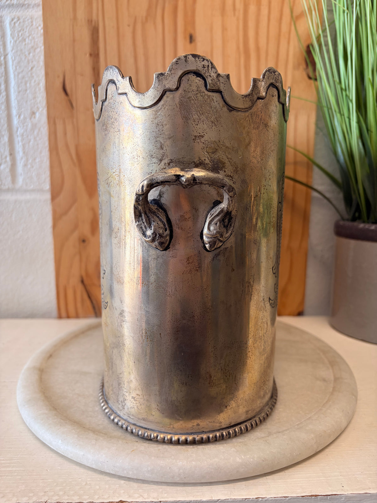 Vtg Silver Plated Double Wine Chiller With Coat of Arms Etching