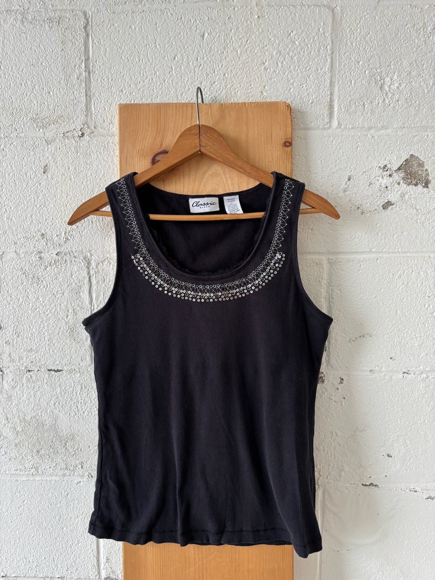 Vtg Sequined Black Tank : XL