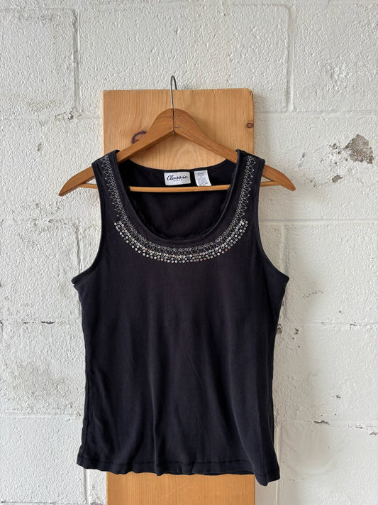 Vtg Sequined Black Tank : XL