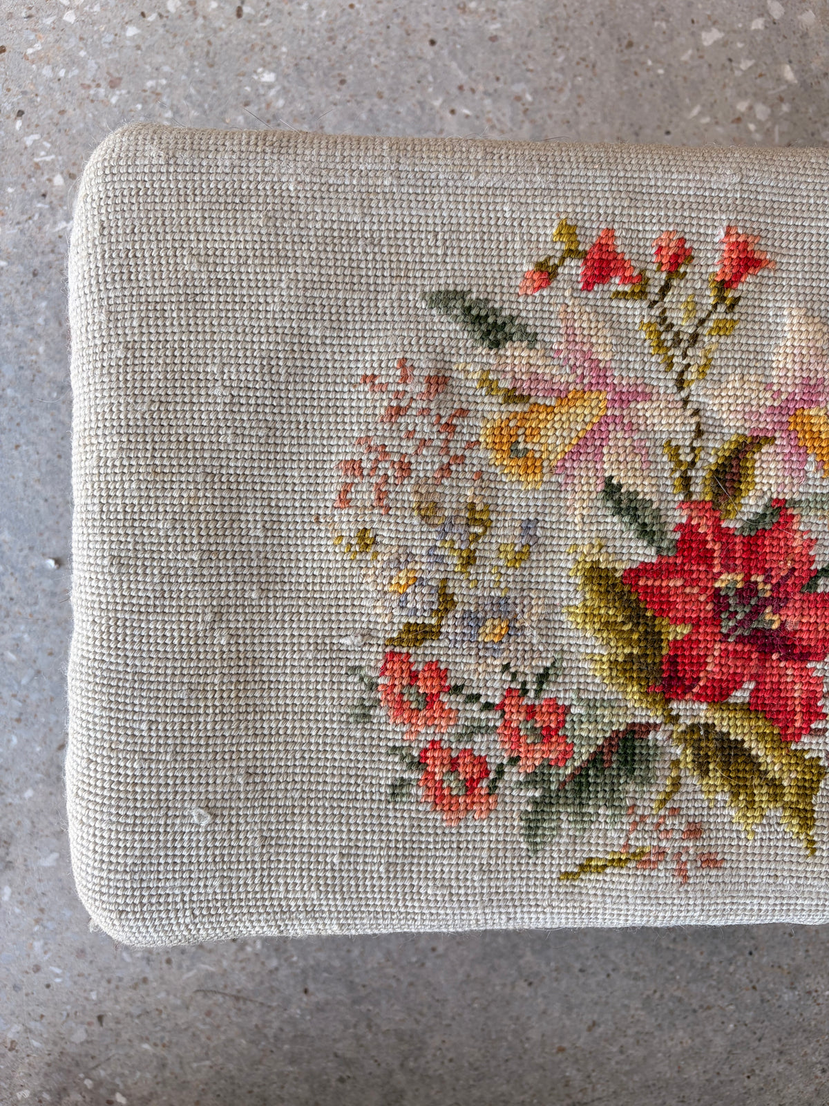 Vtg Floral Embroidered Wooden Footstool (Local Pick Up Only - As Is)