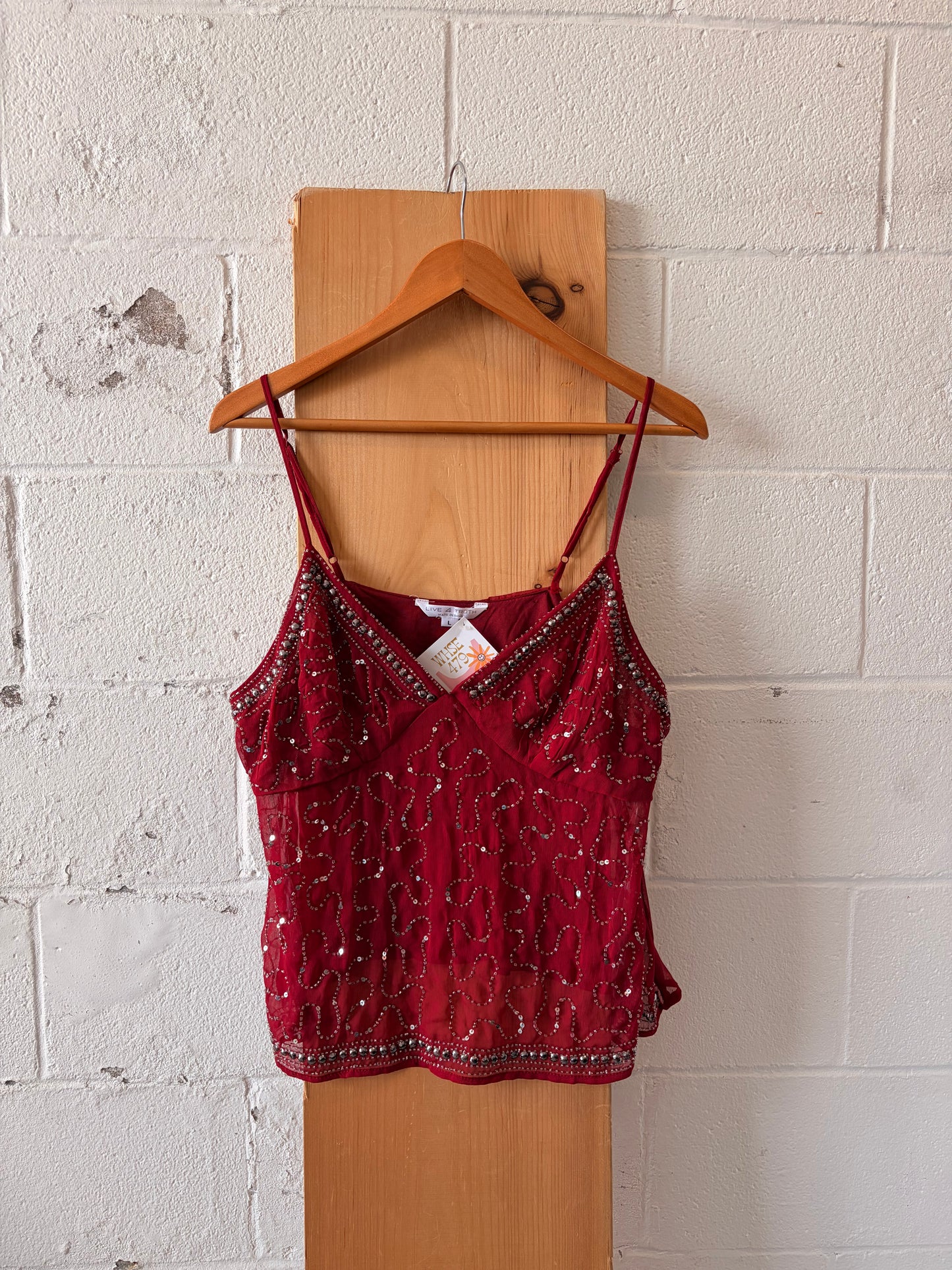 Beaded Semi-Sheer Red Tank : L