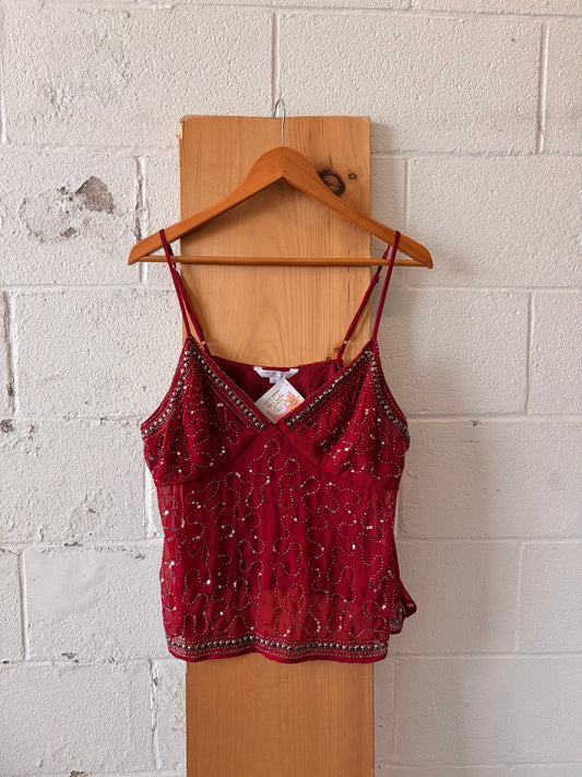 Beaded Semi-Sheer Red Tank : L