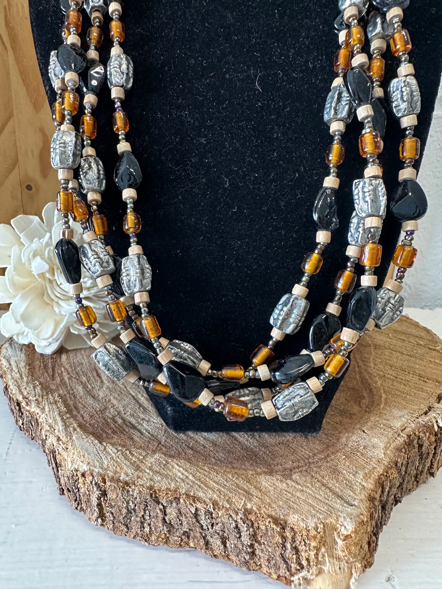 Three Strand Beaded Boho Necklace