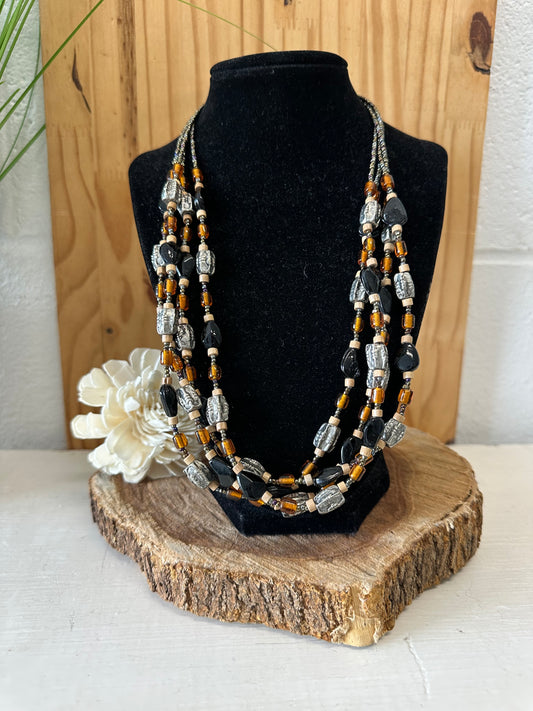 Three Strand Beaded Boho Necklace