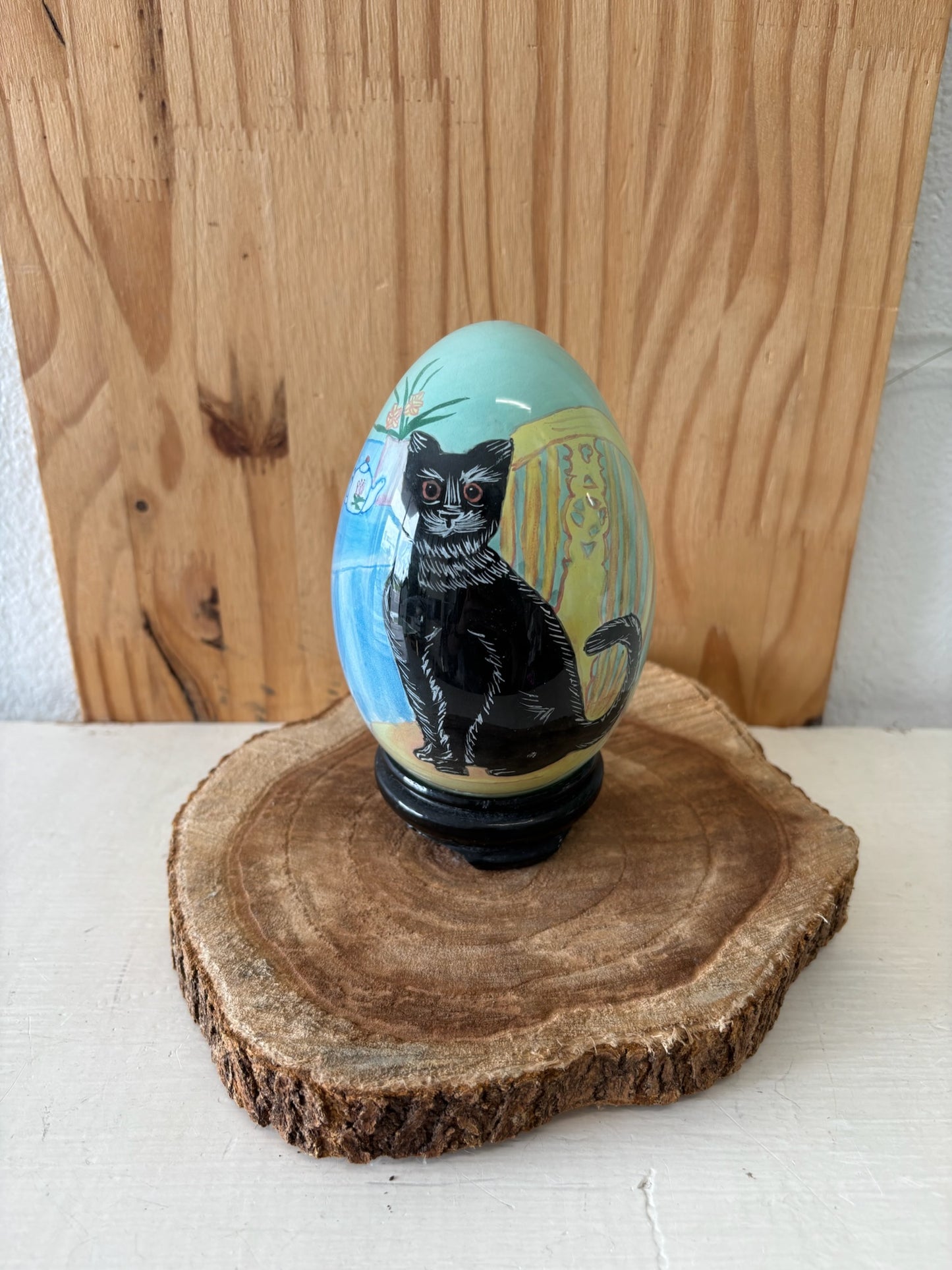 Painted Cat Egg on Stand (Local Pick Up Only)