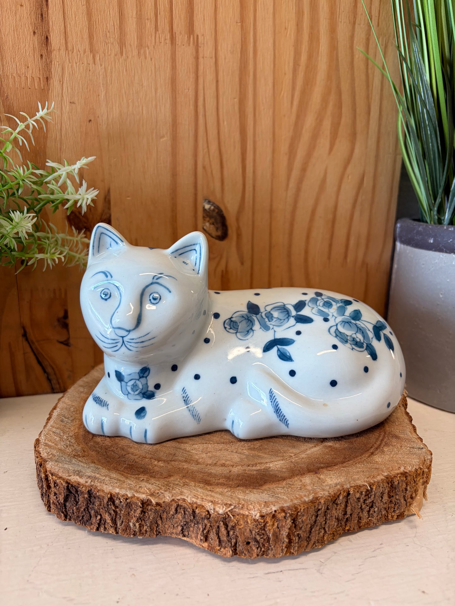 White & Blue Floral Ceramic Cat (Local Pick Up Only)