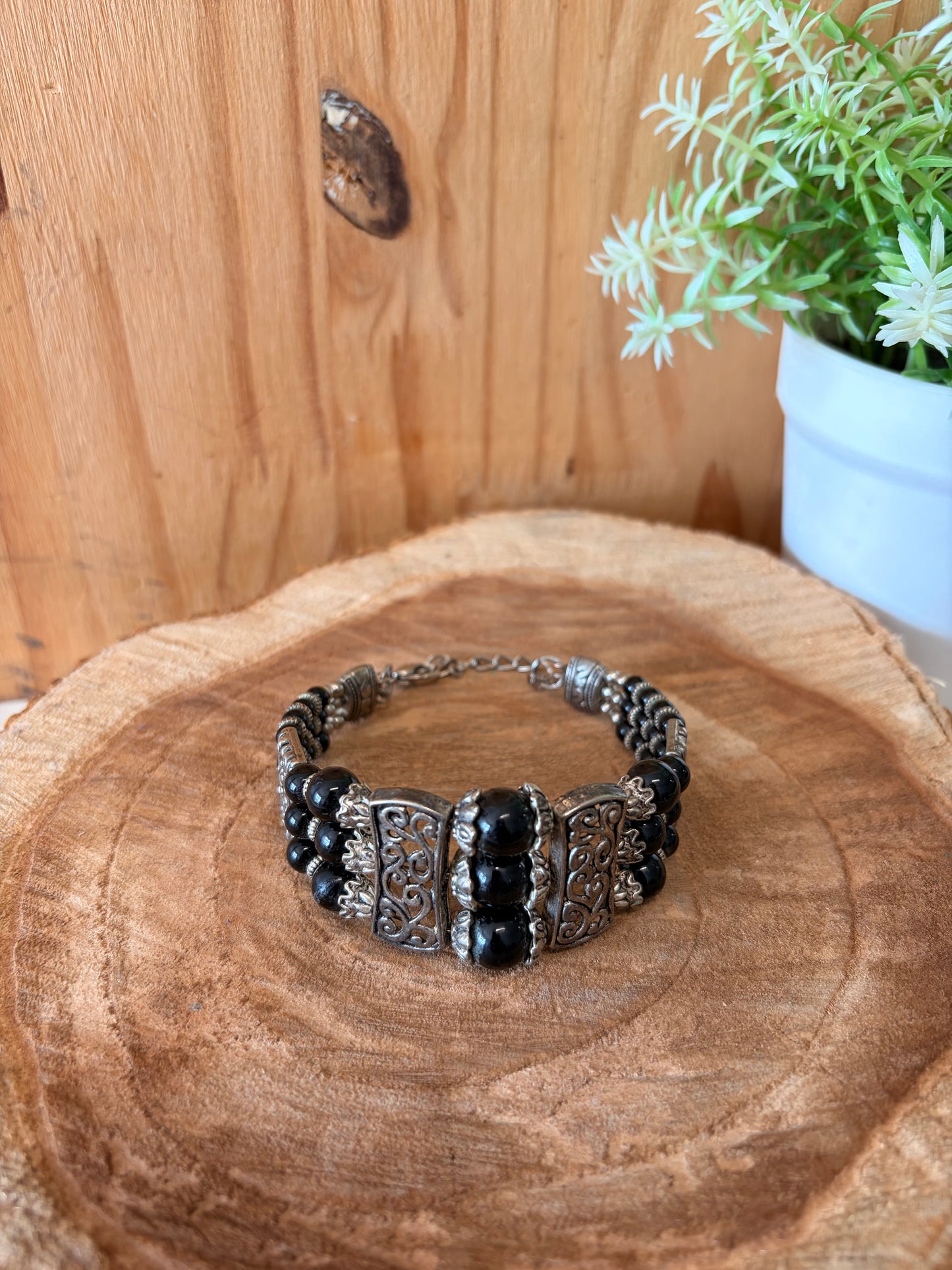 Black & Silver Tone Beaded Bracelet
