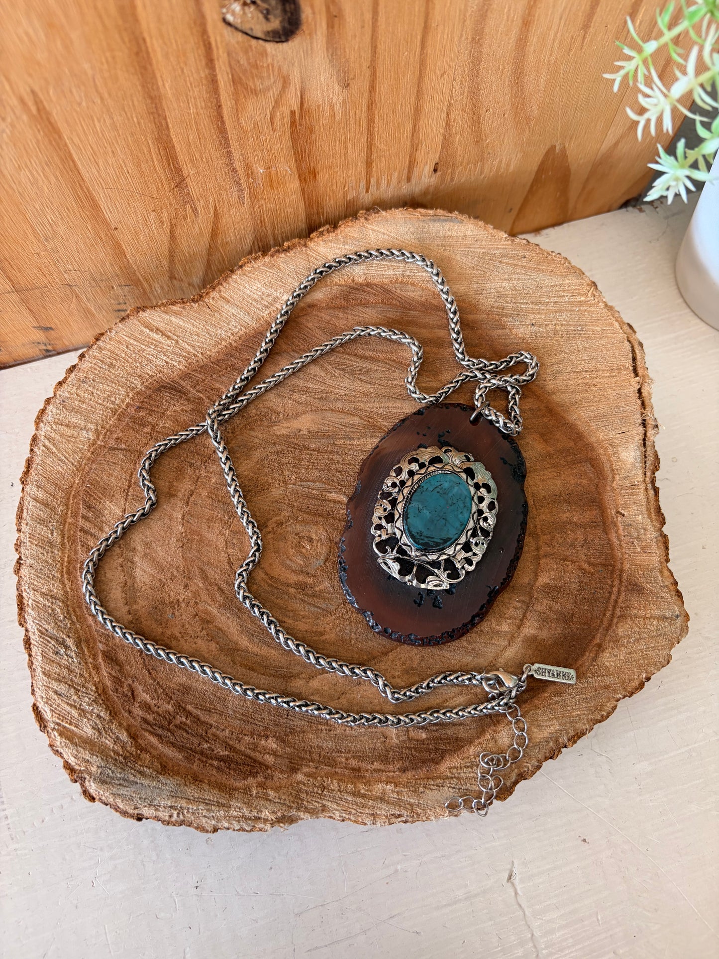 Long Brown & Teal Pendant Necklace