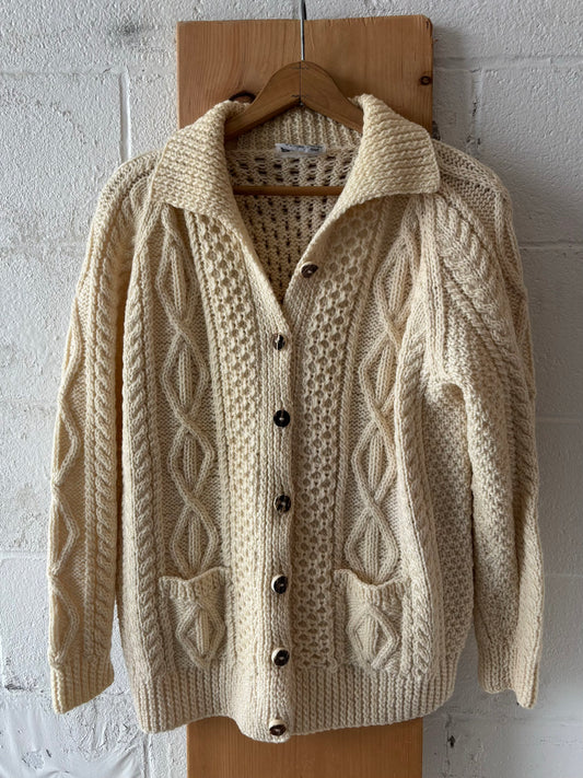 Vtg Hand Knit Wool Cardigan : L