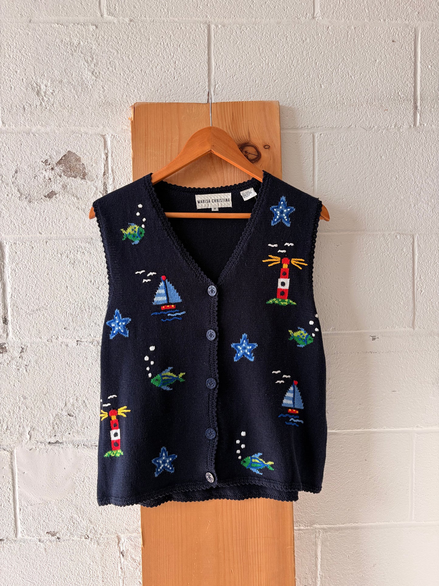 Vtg Coastal Embroidered Sweater Vest : M