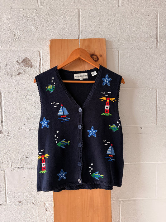 Vtg Coastal Embroidered Sweater Vest : M
