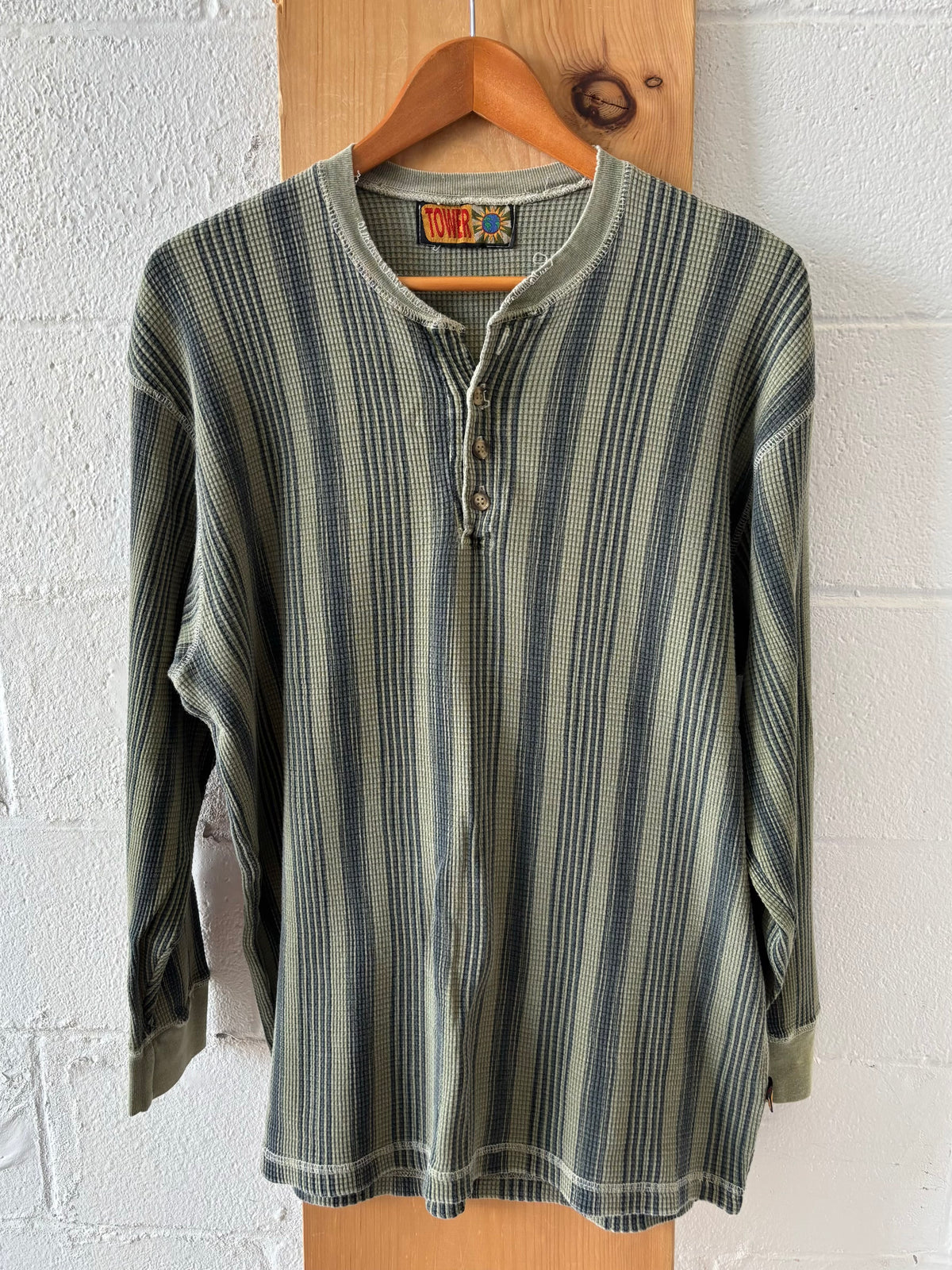Vtg Green Striped Thermal Henley : XL