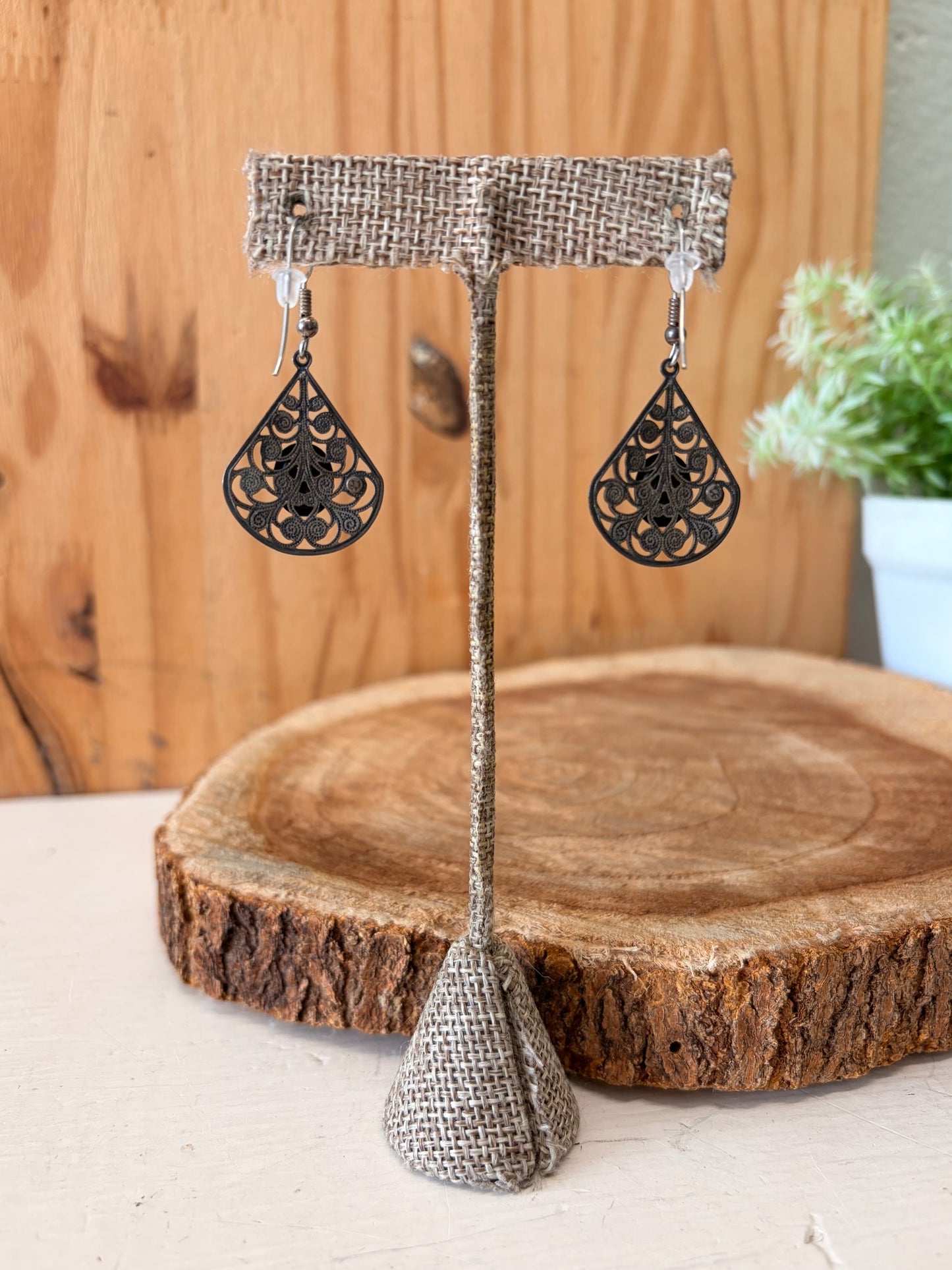 Black & Silver Tone Teardrop Earrings
