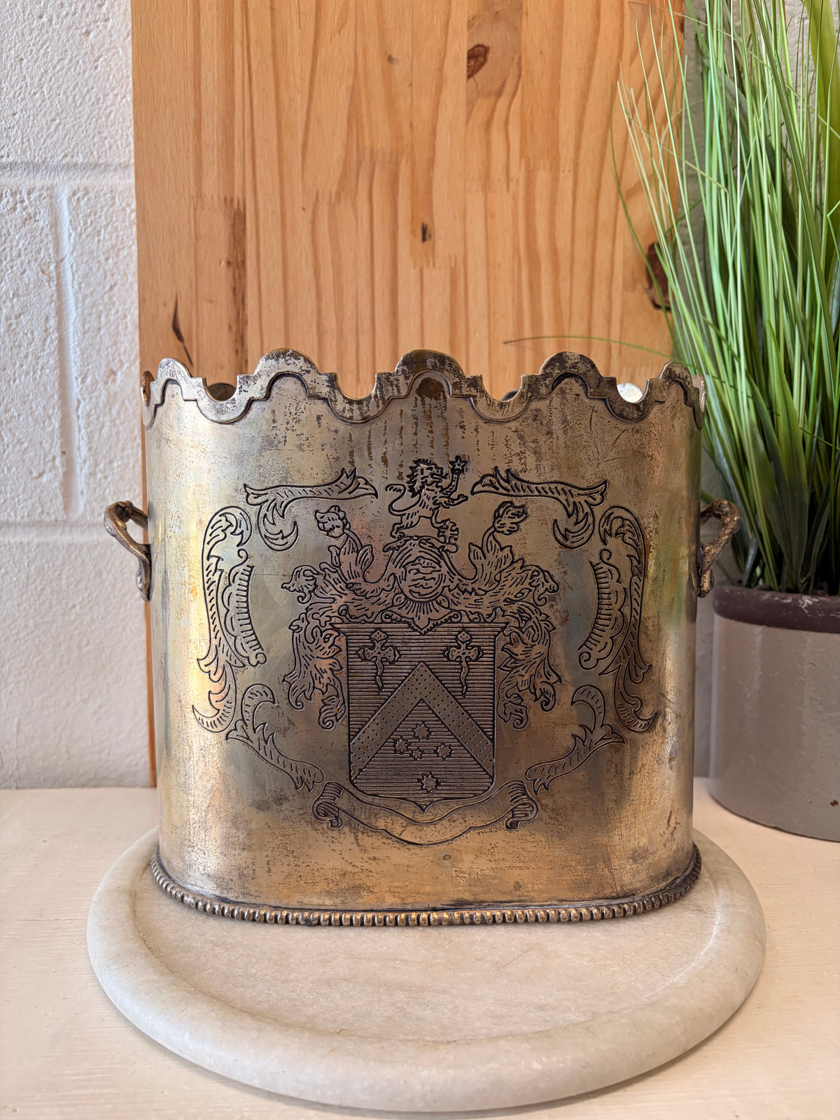 Vtg Silver Plated Double Wine Chiller With Coat of Arms Etching