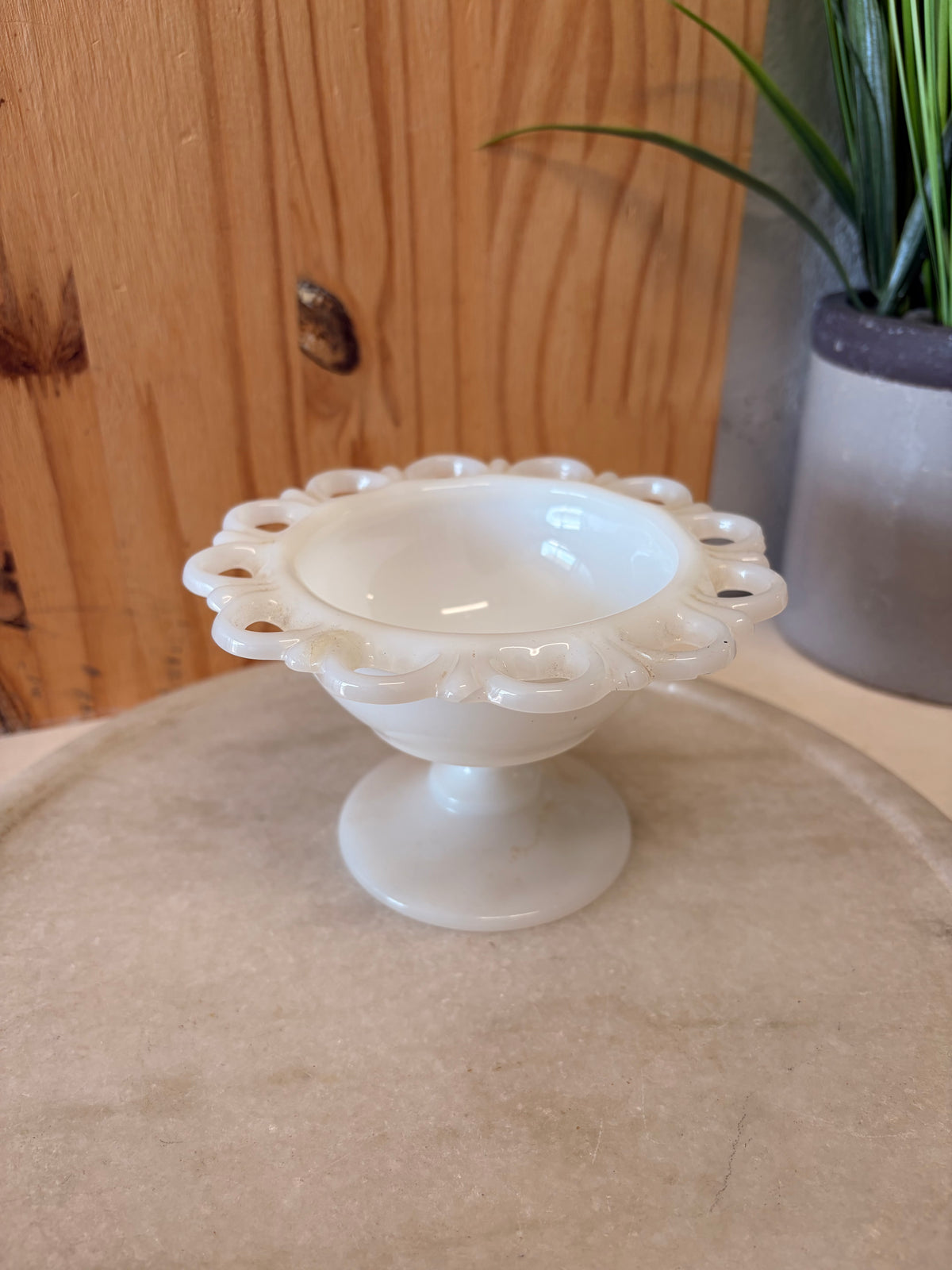 Little Scalloped Milk Glass Pedestal Dish (Local Pick Up Only)