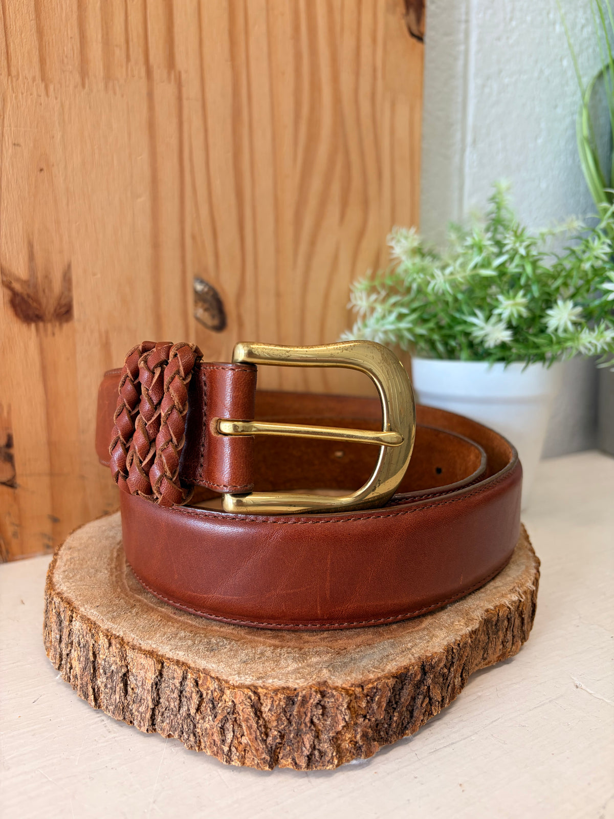 Vtg Brass Buckle Brighton Belt : L